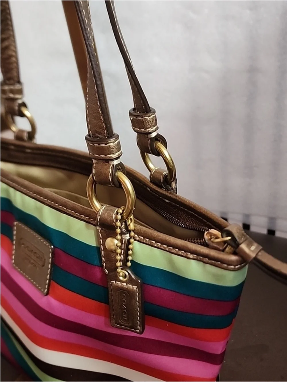 Coach Legacy Striped Tote EUC with Metallic Gold Trim - Picture 4 of 11